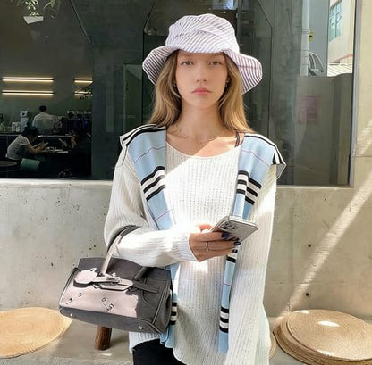 WaJuemy Sweater Shawl Wraps for Women Sweater Knitted Knotted Shawls Travel Casual Scarf Cape Shoulder Tops Fashion Wrap - color: 36 Skyblue/Black