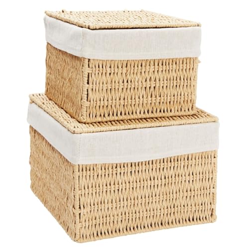 Juvale Wicker Storage Bins with Lids and Insert - Set of 2, 10 x 10 x 7 in & 8 x 8 x 6 in, Brown - Rectangular Lined Baskets with Lids & Insert for Organization