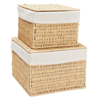 Juvale Wicker Storage Bins with Lids and Insert - Set of 2, 10 x 10 x 7 in & 8 x 8 x 6 in, Brown - Rectangular Lined Baskets with Lids & Insert for Organization