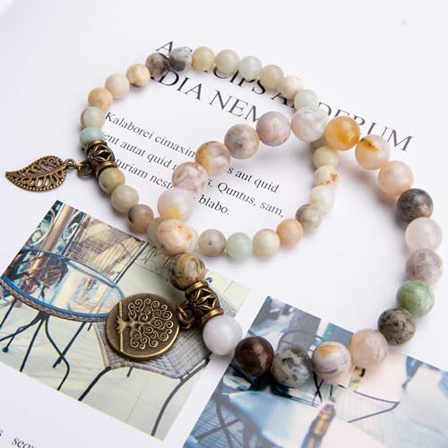 Bivei Natural Semi Precious Gemstone beads bracelet for women - Life Tree and Leaf Charm Energy Reiki Crystal Stretch Bracelets - color: Amazonite Bracelet Set, size: Small:6.61-6.7inch