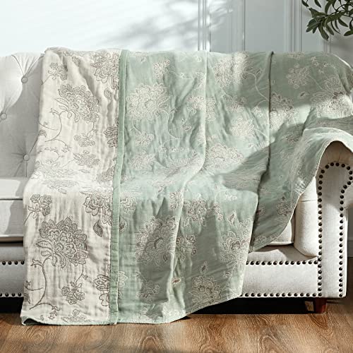 jinchan Boho 100% Cotton Muslin Queen Size 80x90 Inches Blanket Lightweight 4-Layer Quilted Soft Green and Beige Floral Throw Blanket Reversible Comfy Flower Rustic All Seasons Couch Bedroom Decor - color: Floral Green Beige, size: 80"x90"