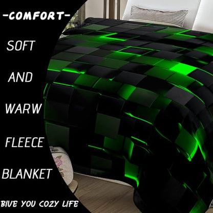 Lightweight Fleece Blanket,Super Soft Cozy Fluffy Plush Geometric Green Black Abstract Ombre Print Throw Blanket for Couch, Sofa, Bed 47"x59" - color: Geometric Green Black