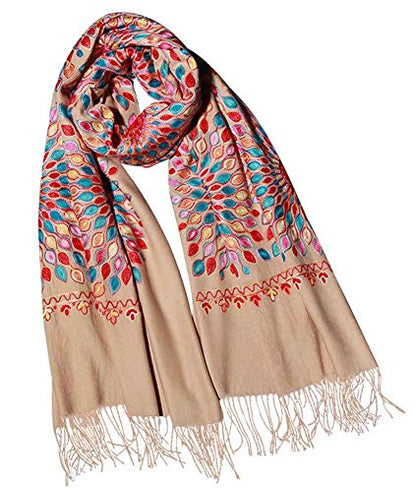 Urban CoCo Women's Embroidered Oversize Tassel Shawl Scarf Wraps for Women - color: Camel