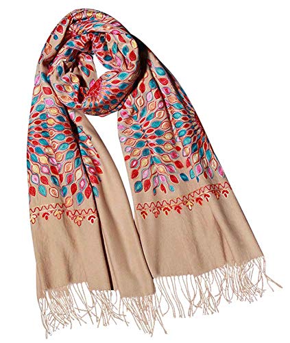 Urban CoCo Women's Embroidered Oversize Tassel Shawl Scarf Wraps for Women - color: Camel