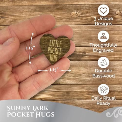 Positive Wooden Pocket Hugs Cutouts | 100 Laser Engraved Wood Hearts with Positive Pocket Hug Messages | Family Keepsake and Rememberance Gift - style: Little Pocket Hugs Chip