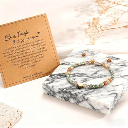 HETICA Inspirational Gifts for Women Birthday Natural Stone Inspirational Bracelet Collection Thinking of You Get Well Soon Card Jewelry Gifts for Women Friend Sister - style: Life Is Tough but so Are You