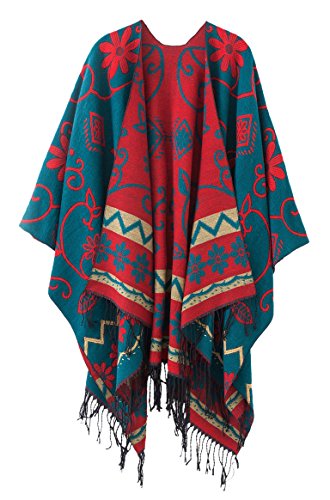 Urban CoCo Women's Retro Style Vintage Pattern Tassel Poncho Shawl Cape Wraps For Women - color: Series1-dark Green