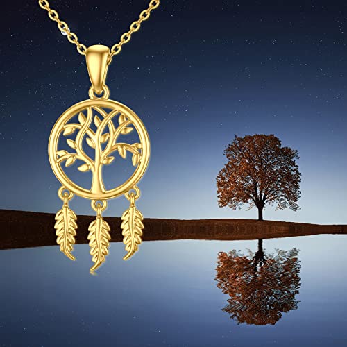 14K Gold Dream Catcher Necklace for Women, Dainty Tree of Life Necklace Birthday Gifts for Girlfriend Wife Mom Her 16+1+1 inch - color: Dream Catcher