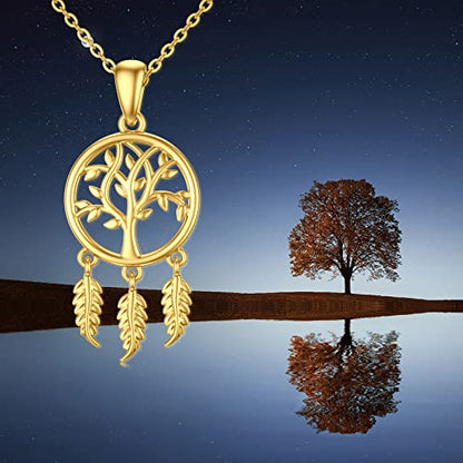 14K Gold Dream Catcher Necklace for Women, Dainty Tree of Life Necklace Birthday Gifts for Girlfriend Wife Mom Her 16+1+1 inch - color: Dream Catcher