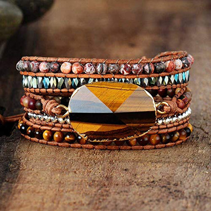 Boho Wrap Bracelet for Women, Handmade Natural Imperial Jasper Multi-Layer Stone Beaded Bracelet, Bohemian Healing Crystal Stone Jewelry Gifts - color: Tiger Eye