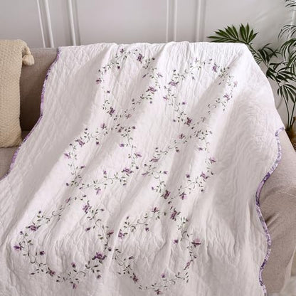 vctops 100% Cotton Quilted Throw Blanket 50x60 Inch Floral Embroidered Reversible Patchwork All Season Throw (Purple,50"x60") - color: Purple