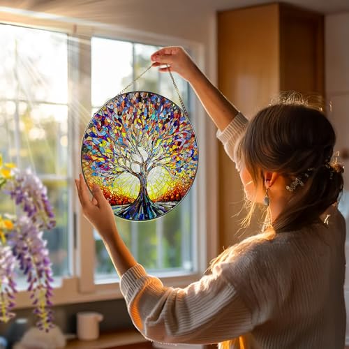 Stained Glass Window Hanging, 8 in Tree of Life Sun Catchers Indoor Window, Stained Glass Suncatcher, Gifts for Women, Her, Wife, Friend and Mom for Mother's Day, Christmas, Birthday - color: Tree of Life