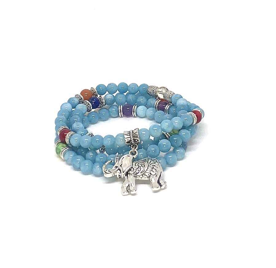 Calm and Patience, 108 Aquamarine Mala Beads, Elephant Necklace, Wrap Gemstone Bracelet, Chakra Balance, Meditation, Japa Mala