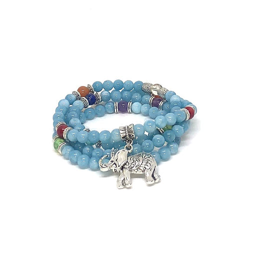 Calm and Patience, 108 Aquamarine Mala Beads, Elephant Necklace, Wrap Gemstone Bracelet, Chakra Balance, Meditation, Japa Mala