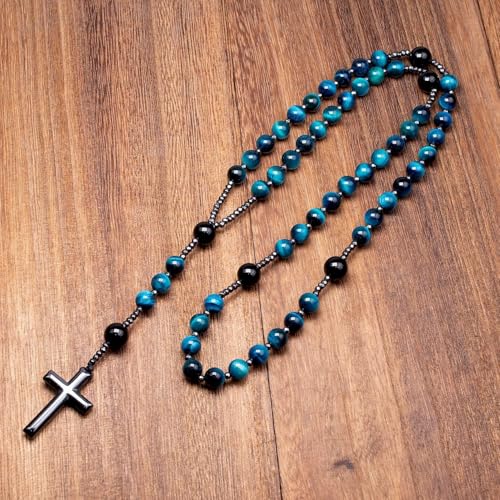 LIYAPEI Triple Protection Necklace with Tiger Eye, Obsidian, and Hematite - Stylish Men's Cross Necklace and Women's Y-Shaped Sweater Chain An Anxiety Relief Beaded Necklace. - color: Tiger Eye Blue