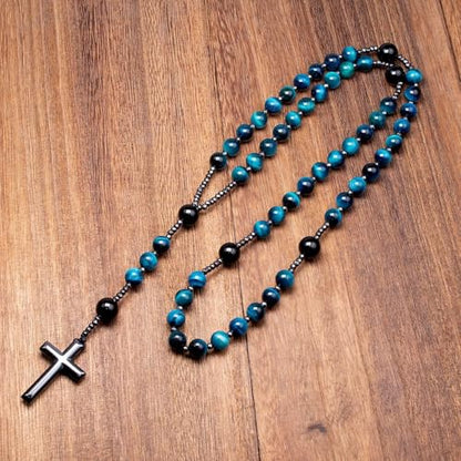 LIYAPEI Triple Protection Necklace with Tiger Eye, Obsidian, and Hematite - Stylish Men's Cross Necklace and Women's Y-Shaped Sweater Chain An Anxiety Relief Beaded Necklace. - color: Tiger Eye Blue
