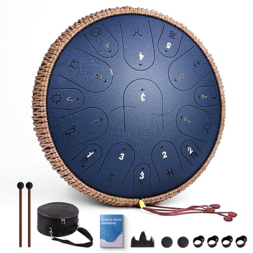 Steel Tongue Drum 13 Inch 15 Notes, C Major 432 Hz Handpan Drum for Adults, Kids, and Beginners, Meditation Gift, with Music Book, Mallets and Carry Bag (Navyblue)