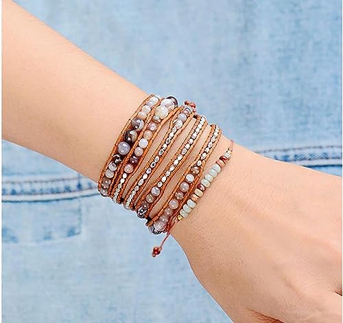 Boho Wrap Bead Bracelet for Women - Handmade Adjustable Natural Stone Beaded Bracelets Yoga Healing Bracelet Bangle Hippie Jewelry - color: Natural Stone