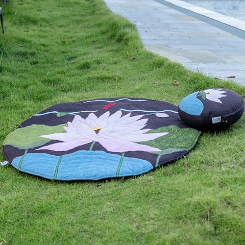 Handmade Lotus Applique Meditation Rug, Round Quilted Floor Mat, 43.3 Inch Cotton Patchwork Decor Rug for Yoga, Zen Space & Living Room