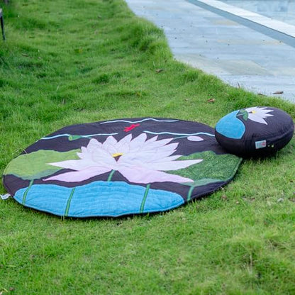 Handmade Lotus Applique Meditation Rug, Round Quilted Floor Mat, 43.3 Inch Cotton Patchwork Decor Rug for Yoga, Zen Space & Living Room