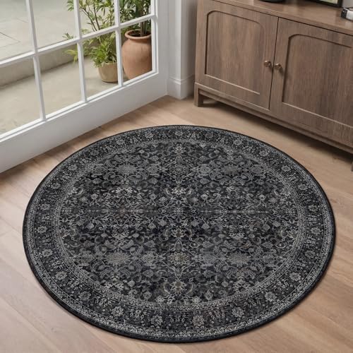 Dark Small Round Entryway Rugs 3ft, Washable Non Slip Ultra Thin Circle Rug 3 Feet for Bathroom Ktichen, Vintage Farmhouse Earthy 3x3 Circular Carpet for Small Dining Room Bedroom Bedside - color: Midnight/Multi, size: 3' (Round)