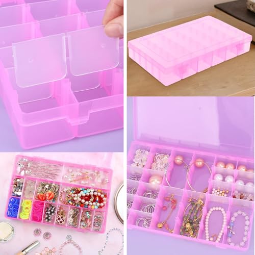 AKOAK 1 Pack 24 Grid Plastic Storage Case, Transparent Jewelry Display Organizer, Detachable Divider -7.5"x 5.1"x 1.4" for Beads, Jewelry, Earrings, Rings (Pink) - color: Pink