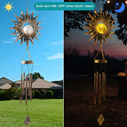 Sun Wind Chimes Solar Retro Windchimes Sympathy Gift, Gentle Chimes, Waterproof Wind-Chimes Outdoor, Outdoor Hanging Decor with Soft Sun Glow, Gifts for Grandma, Mom-Gifts, Memorial WindChimes.
