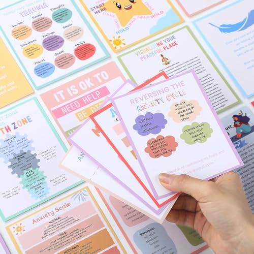 Affrolling 72 Pcs Anxiety Coping Skill Cards 4.7 x 3.7 Inches Social Anxiety Relief & Self Care Flashcard with Color Packaging Box Coping Strategy Therapy Cards for Family University and Office