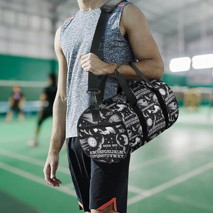 Skull Moon Sun Gothic Witch Board Seamless Black Cylindrical Portable Fitness Bag, Large Capacity Handbag - color: skull moon sun Gothic Witch Board Seamless bl