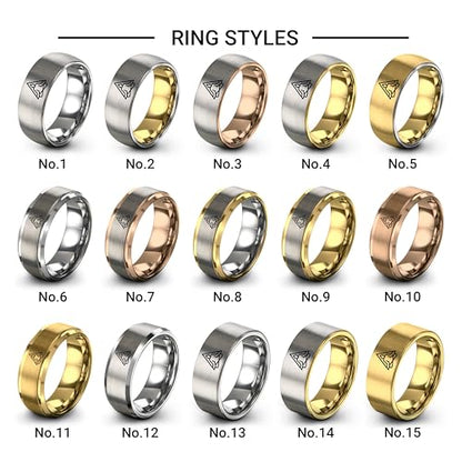 Gift for Yoga Fan - Yoga Meditation Ring - Flat Dome Bevel - Band - Men Women - Brushed Polished - Tungsten - Personalized Custom Engraving - 8mm - Anniversary Wedding - Yellow Rose Gold Silver - color: 06 - Grey Tungsten