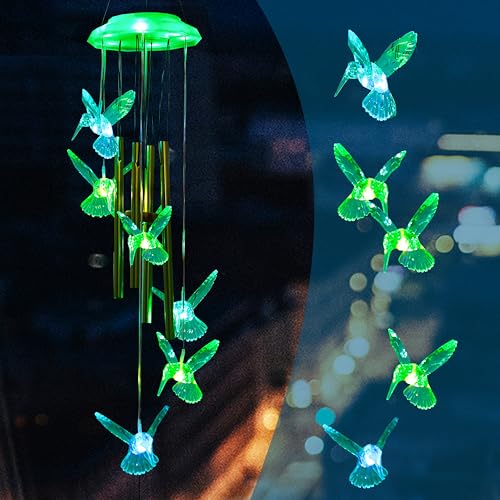 Outdoor Solar Wind Chime Decoration, Mother's Day Birthday Gifts for Grandma, Mom and Family, Outdoor Garden and Courtyard Wind Chime Accessories (Green Hummingbird) - color: Green Hummingbird