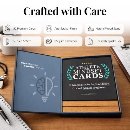 Athlete Motivation Cards – 52 Athlete Mindset Cards for Confidence, Mental Toughness & Discipline – Daily Motivation for Athletes & Coaches – Includes Wooden Display Stand - style: Athlete Mindset