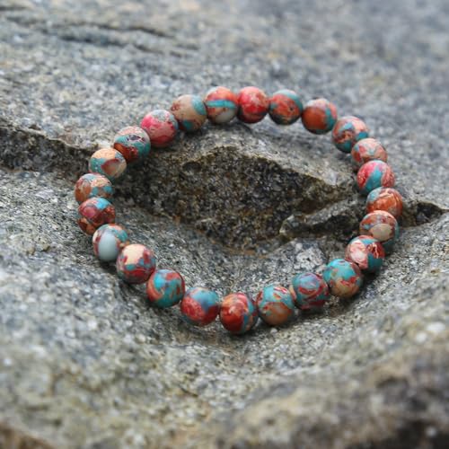 Handmade Natural Imperial Jasper Gem Semi Precious Gemstone 8mm Round Beads Stretch Bracelet 7" Unisex - color: Red