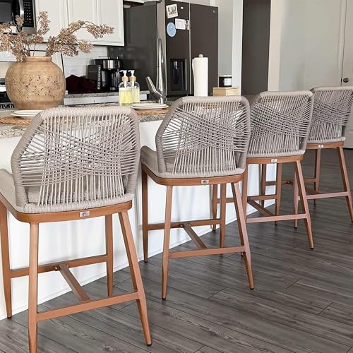 PURPLE LEAF Counter Height Bar Stools Set of 4 Rattan Chair Boho Wicker Metal Counter Stools with Back and Footrest Patio Seating Modern Garden Pool Outdoor Barstools - color: Classic/Deep Teak, size: 4pc-24.8"h