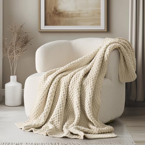 EVERGRACEHOME Chunky Chenille Knit Throw Blanket for Couch, Soft Luxurious Moss Stitch Blankets for Bed, Cozy Decorative Farmhouse Knitted Throws for Sofa, Beige, 50" x 60" - color: Beige, size: 50" X 60"