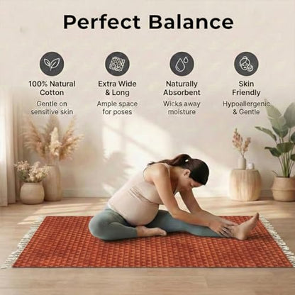 VINYASA Handwoven Cotton Yoga Rug Mat – Naturally Dyed | Absorbent, Washable Yoga Mat/Fitness Rug, Hatha, Pilates & Meditation - Non-Slip Grip | Extra Long & Wide | Trikon Series - color: Madder