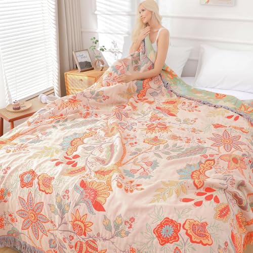 Boho Throw Blanket for Bed - 100% Pure Cotton Ultra Soft Rustic Quilt - Farmhouse Decor Bed Blankets, All Season Rustic Throw for Sofa Couch Chair(60''×80'', Floral) - color: Floral Pattern 6, size: 60''x 80''