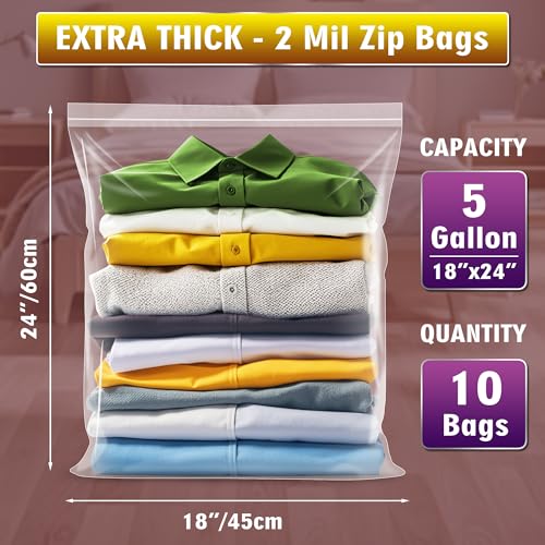 Extra Large 5 Gallon Zippered Plastic Bags for Storage- 18'' x 24'', Ideal for Clothes Clothing, Travel, Moving, 2-mil Thick Clear Plastic, 10 pack - size: 5 gal-10 pack