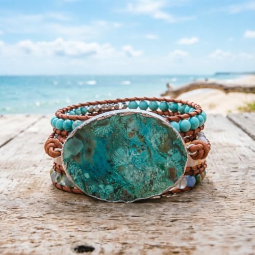 YGLINE Boho Handmade Natural Stone Wrap Bracelets Jasper Crystal Beads Bracelet Jewelry - color: green jasper