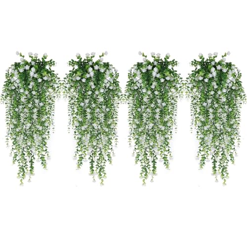 WEISPARK Artificial Hanging Flowers, 12pcs Fake Eucalyptus Vine Faux Flower Greenery Garland Plastic Plants for Indoor Outdoor Wall Garden Wedding Home Party Decor (12pcs White) - color: White-12pcs