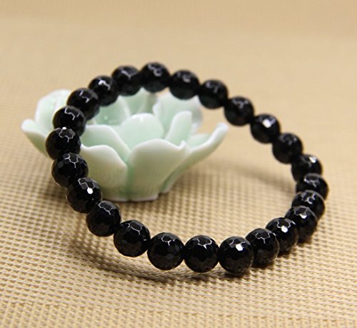Amandastone Natural Gemstone 8mm Round Beads Stretch Bracelet 7 Inch - color: Faceted Black Agate