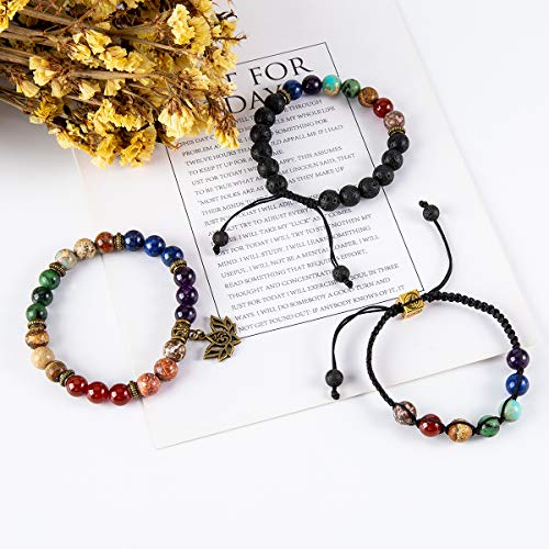 Bivei Chakra Bead Bracelets for Women - 8mm 7 Chakra Bracelet With Real Stones Yoga Gemstone Jewelry 3 Pack - style: #1 Set of 3 Chakras Lotus Bracelets