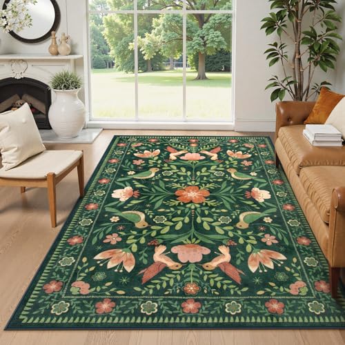 Moynesa Floral Bird 6x9 Green Area Rug for Living Room Bedroom Dining Room, Vintage Home Decorations for Modern Cottage Farmhouse Aesthetic Open Areas,Comfort Floor Protection Non-Slip Washable - color: Green, size: 6' x 9' (Rectangular)
