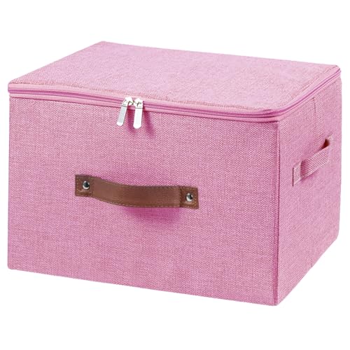 Storage Bins with Zipper Lid Foldable Fabric Lidded Storage Boxes Baskets Cubes Washable Collapsible PU Leather Handle Cotton Linen Shelves Closet Organizer Container(Pink, Large Size) - color: Pink, size: Large ( Set of 1 )