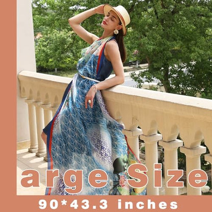 100% Mulberry Extra Large Silk Pashmina Scarf Shawls And Wraps For Women Evening Dress Summer Travel Floral Blanket - color: Blue Garden Breeze
