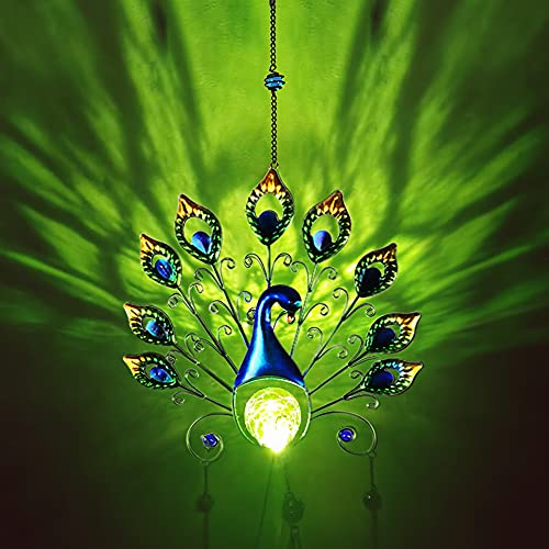 Pearlstar Solar Wind Chimes Outdoor, Gifts for Mom Women, 53.5" Large Metal Peacock Wind Chimes Light with Crackle Glass Ball, Waterproof for Garden Patio Yard Home Decor
