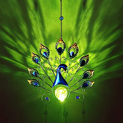 Pearlstar Solar Wind Chimes Outdoor, Gifts for Mom Women, 53.5" Large Metal Peacock Wind Chimes Light with Crackle Glass Ball, Waterproof for Garden Patio Yard Home Decor