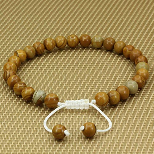 Angelstones Handmade Gemstone 6mm Round Beads Adjustable Braided Macrame Tassels Chakra Reiki Bracelets 7-9 inch Unisex - color: Matt Woodgrain stone