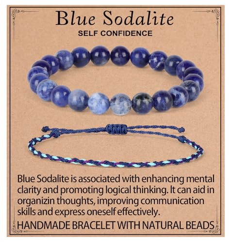 QOGIR 2pcs Handmade Healing Bracelet, Natural Gem Stone Crystal Elastic Bracelet - color: Blue Sodalite(Self Confidence), size: 8mm