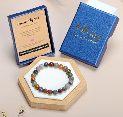 AD Beads Handmade Gemstone Stretch Elastic Bracelet Crystal Healing Reiki Nature's Beauty and Spiritual Essence Unisex - color: Indian Agate, size: 4mm